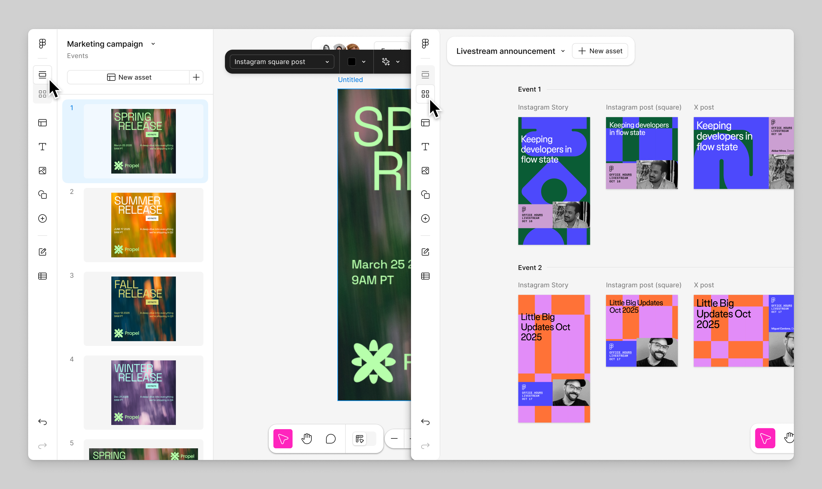 Visual showing the web-based interface design tool Figma and its interface views for asset management, demonstrating grid and list layouts in Springbok Agency’s design documentation.