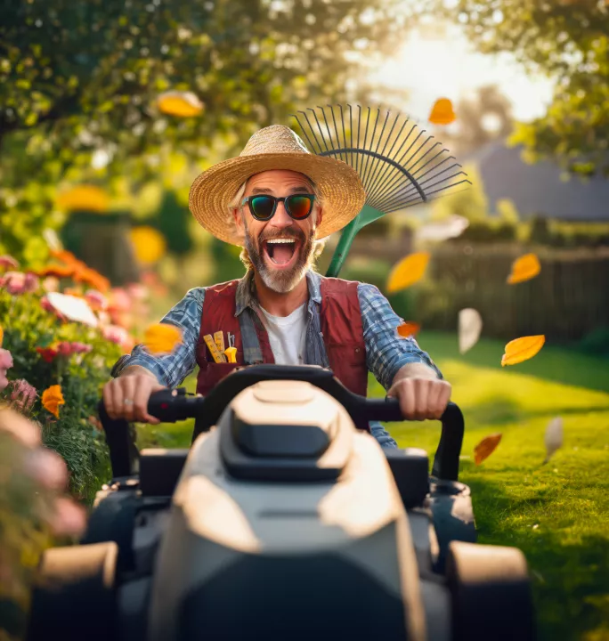 Image of an enthusiastic man with sunglasses and straw hat driving a riding lawn mower through a vibrant garden with autumn leaves falling.