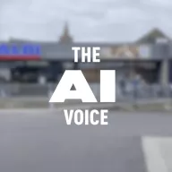 Cover image of a blurred Aldi store exterior with bold white text overlay reading "THE AI VOICE" as part of an artificial intelligence case study.