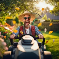 Image of an enthusiastic man with sunglasses and straw hat driving a riding lawn mower through a vibrant garden with autumn leaves falling.