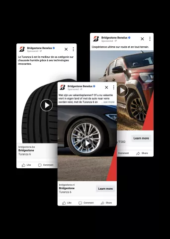 Bridgestone Benelux social media ads showcasing Turanza 6 tires with tire close-ups and vehicle applications in multiple languages.