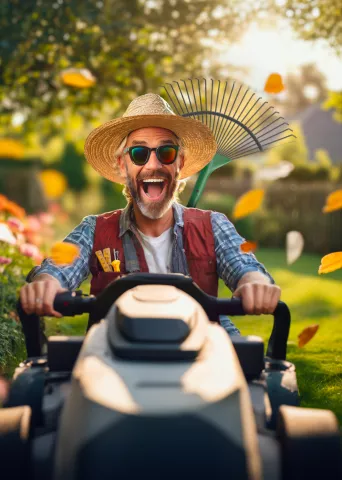 Image of an enthusiastic man with sunglasses and straw hat driving a riding lawn mower through a vibrant garden with autumn leaves falling.