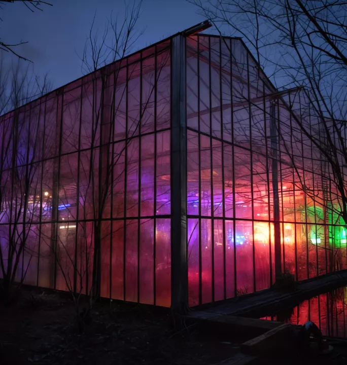 Springbok's Time To Make Sense 2025 Summit at the Verbeken Foundation contemporary art museum. A close-up of the greenhouse at night reflecting ambiant lighting.