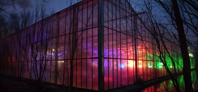Springbok's Time To Make Sense 2025 Summit at the Verbeken Foundation contemporary art museum. A close-up of the greenhouse at night reflecting ambiant lighting.