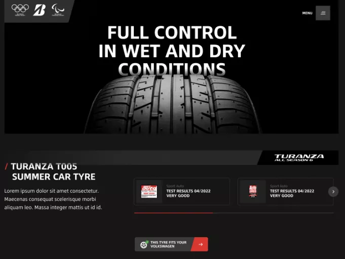 A screenshot of the DXP website design for cases with a close-up of a tyre tread with a headline above it: "Full control in wet and dry conditions.