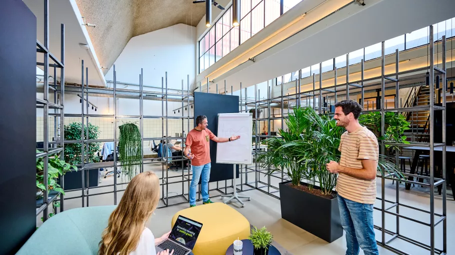A casual meeting scene in Springbok's Dutch modern office with three people. Lush plants add a fresh ambiance.