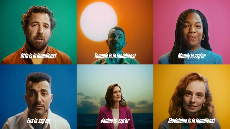 Photo collage of 6 people on coloured backgrounds featuring in Brand New Day's storytelling campaign.