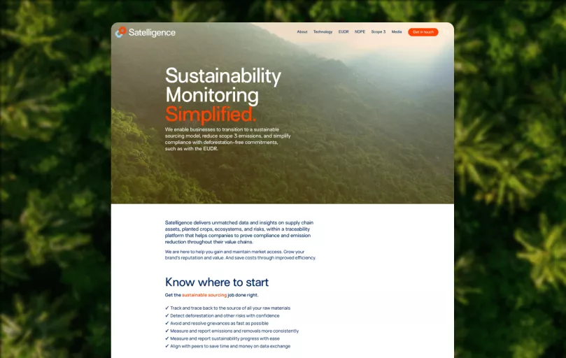 Streenshot of the homepage of a sustainability company with a forest background. Bold text reads "Sustainability Monitoring Simplified," emphasizing eco-friendly practices.