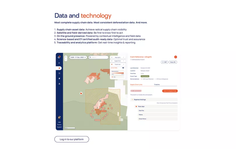 Satelligence platform interface displaying satellite mapping for deforestation monitoring with color-coded land areas and supply chain analytics dashboard.