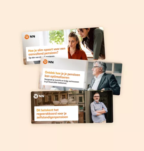 Three personalized NN pension newsletter templates targeting different audiences with tailored pension advice, each featuring relevant imagery and Dutch text about retirement planning options.