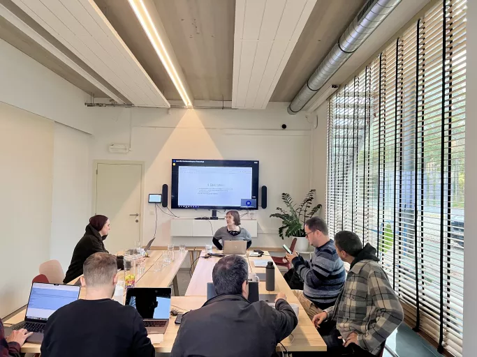 A group of Springbok team members having a presentation with an accessbility expert from AnySurfer in a modern conference room, engaged in a presentation displayed on a large screen with laptops and a plant nearby.