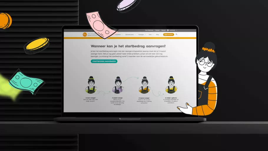 Campaign visual with close-up of a tablet featuring MyFamily's homepage on how to ask the growth package in Belgium and Emily the mascotte.