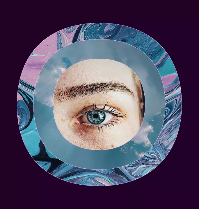 A surreal image of a human eye within a swirling, colorful vortex on a deep purple background. The eye is framed by a sky with clouds.