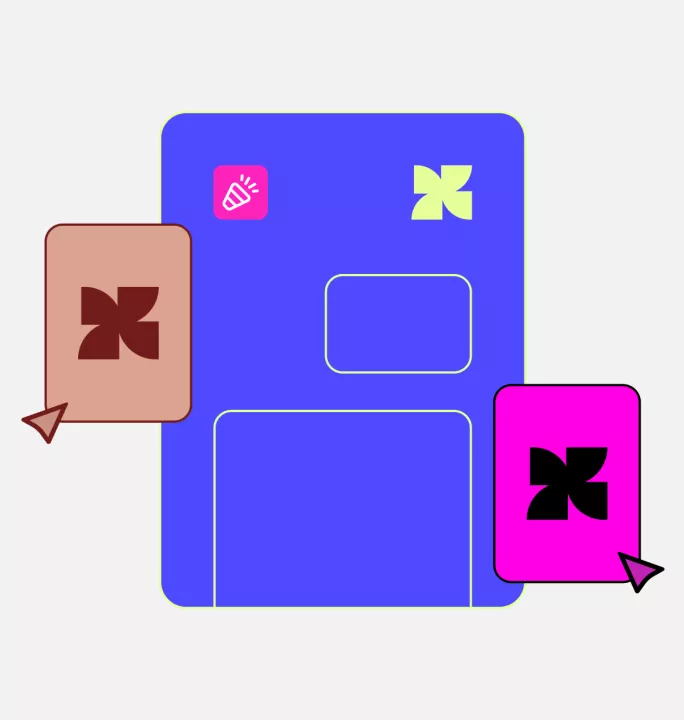 A colorful illustration features a large blue screen with a party popper and a four-leaf clover logo. Two smaller cards, brown and magenta, each with a stylized logo, float on either side with cursors pointing at them. The image suggests a digital interface or data interaction.