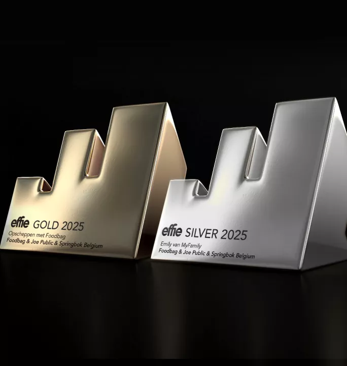 Springbok Agency and Joe Public's 2025 Effie Awards wins, featuring a golden Effie trophy for the campaign 'Bragging with Foodbag' and a silver Effie trophy for the campaign 'Emily from MyFamily'.