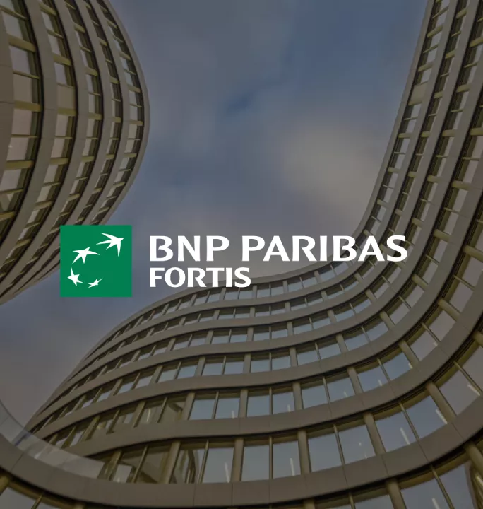 Visual for BNP Paribas Fortis, featuring the bank's logo over a low-angle shot of a modern building