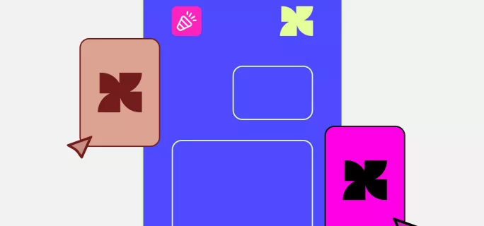 A colorful illustration features a large blue screen with a party popper and a four-leaf clover logo. Two smaller cards, brown and magenta, each with a stylized logo, float on either side with cursors pointing at them. The image suggests a digital interface or data interaction.