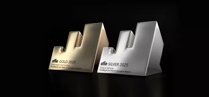 Springbok Agency and Joe Public's 2025 Effie Awards wins, featuring a golden Effie trophy for the campaign 'Bragging with Foodbag' and a silver Effie trophy for the campaign 'Emily from MyFamily'.