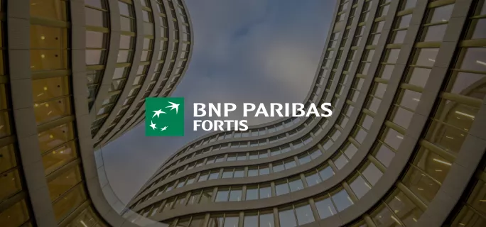 Visual for BNP Paribas Fortis, featuring the bank's logo over a low-angle shot of a modern building